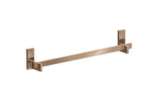 Halter für Handtücher aus glattem, rosegoldenem Material, mit zwei quadratischen Wandbefestigungen. Das Produkt trägt die Marke AXOR.